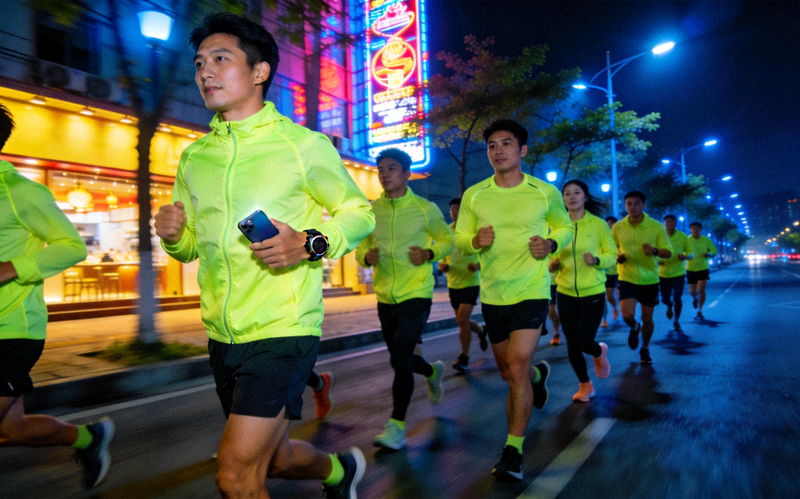 城市夜跑团队在夜晚街道上跑步打卡